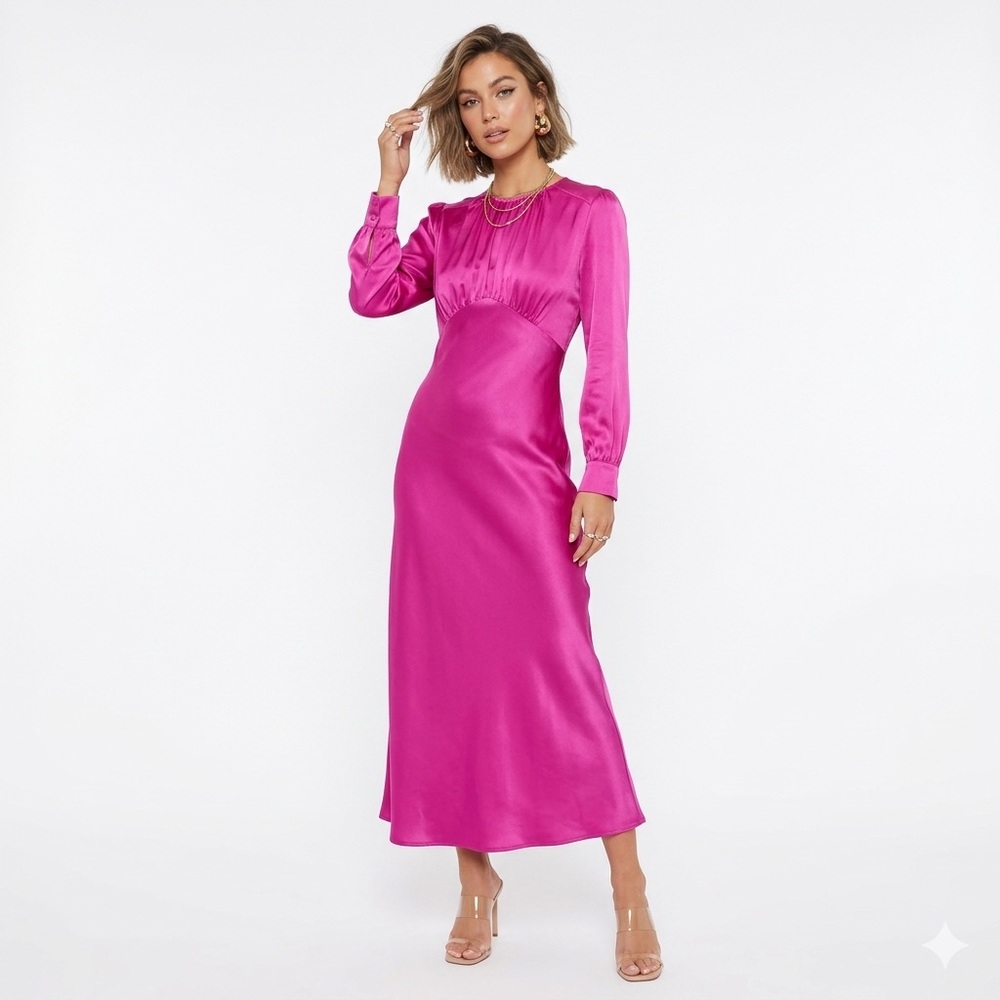 ASOS DESIGN Satin Maxi Dress Long Sleeve‎ Ruched Bust Empire Waist Fuchsia Large